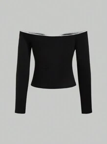 ROMWE 露肩性感修身蕾絲拼接 T 卹 - 黑與白 - 查看 2