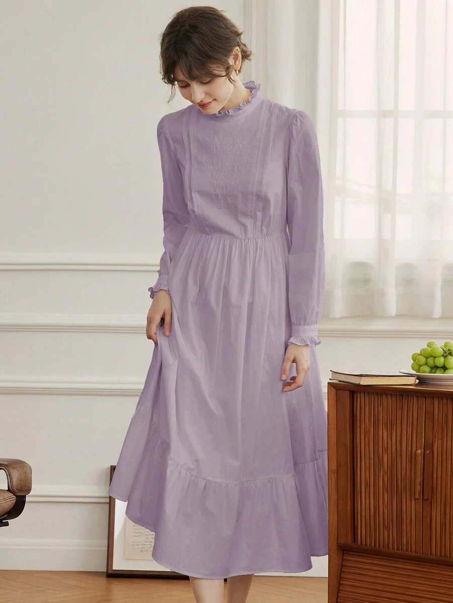 Simple Retro Váy cưới cổ bèo thêu hoa - Màu tím - Xem 1