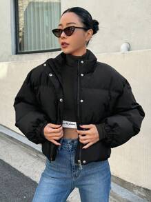 DAZY 女士黑色前拉链加厚外套 - 黑色 - 查看 2