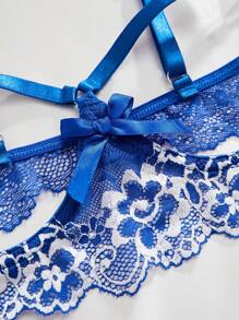 花卉蕾絲鋼圈褲襠內衣褲套裝 - 藍白色 - 查看 3