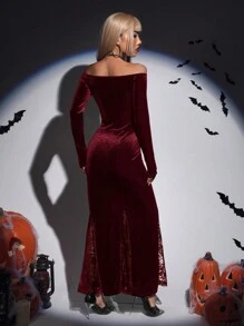 SHEIN ICON 酒紅色露肩天鵝絨美人魚禮服 - 酒紅色 - 查看 4