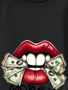 INAWLY 大尺碼女款唇形和錢幣印花運動衫 - 黑色 - 查看 7