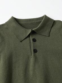 SHEIN 男童純色半頭扣開襟毛衣 - 軍綠色 - 查看 3