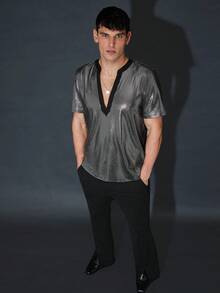 GENTILAND Men's Loose Fit Notch Collar Short Sleeve Shirt - Black - View 5