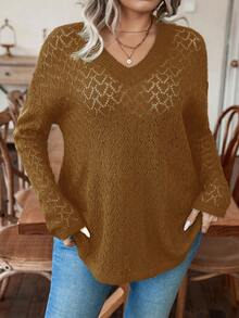 Calvaya 女士大尺碼v領寬鬆針織毛衣 - 棕色 - 查看 6