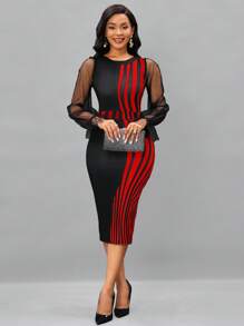 SHEIN Lady Women's Mesh Ruffle Sleeve Striped Bodycon Dress - Red - View 3