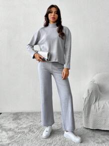 RueChic Mock Neck Drop Shoulder Tee & Pants - Grey - View 5