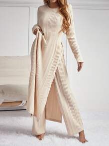 SHEIN Essnce 女性雙開岔長款上衣和褲子套裝 - 杏色 - 查看 5