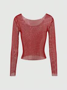 SHEIN Unity 女士純色網眼圓領長袖上衣 - 紅色 - 查看 2