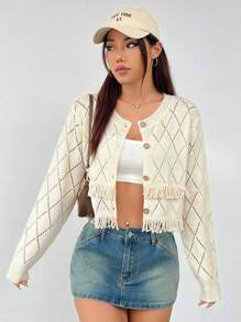 SHEIN EZwear Women's Mesh Knitted Fringed Cardigan