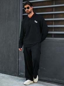 Manfinity Homme Men's Plus Size Textured Fabric Collared Top And Long Pants Set - Black - View 7