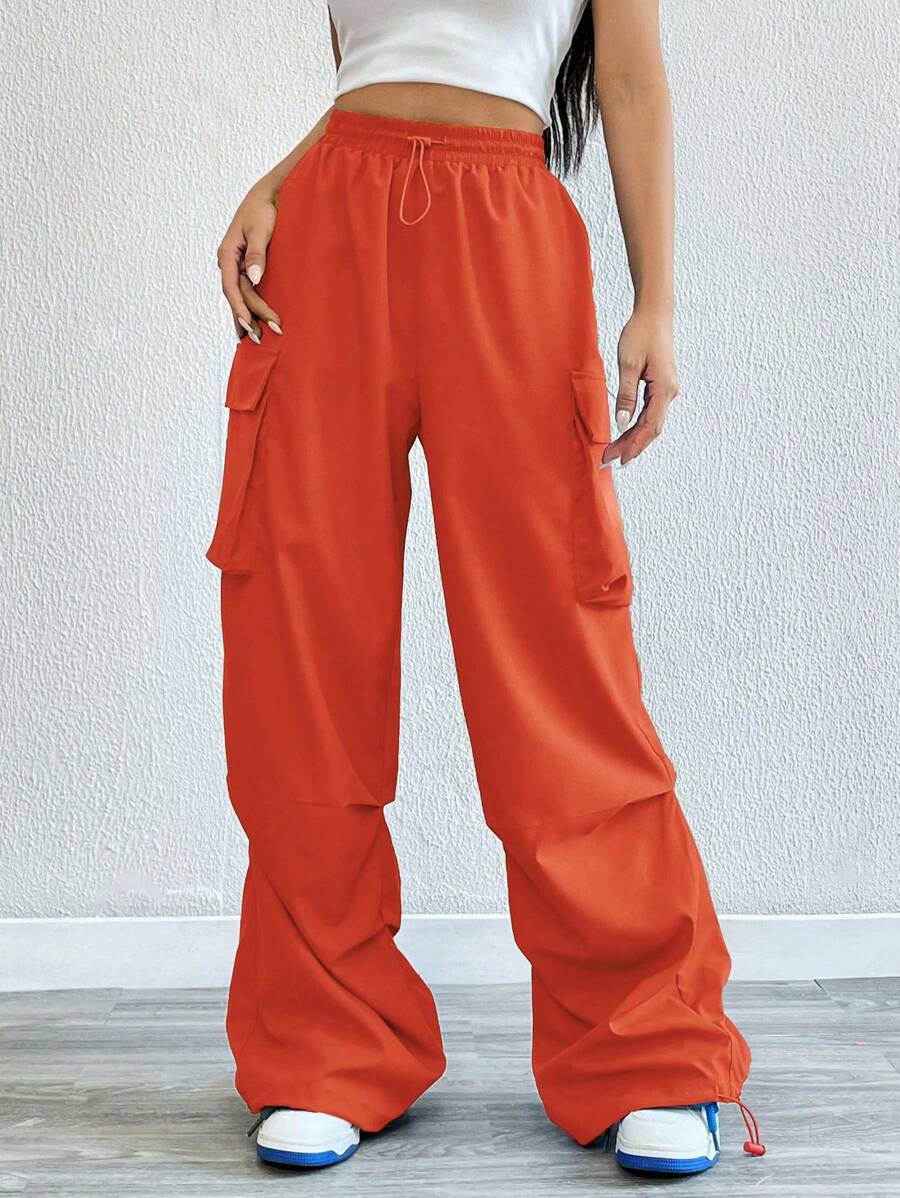 SHEIN Coolane Pantalón De Pierna Ancha Con Bolsillo De Solapa Y Cintura Con Cordón Para Uso En Actividades Al Aire Libre - Naranja - Ver 1