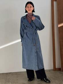 FRIFUL Women's Long Denim Jacket With Waist Belt