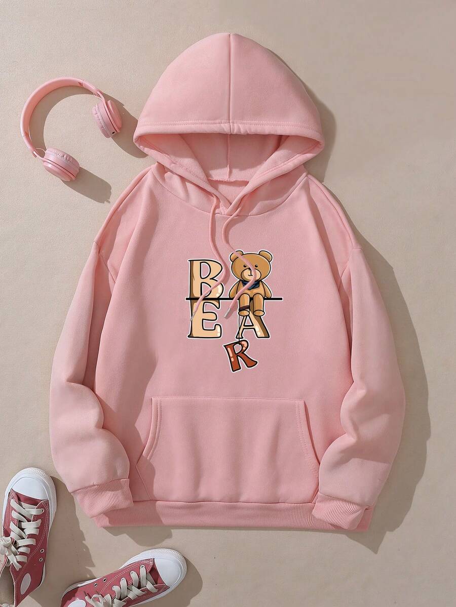 Áo nỉ giữ nhiệt cỡ lớn in hình gấu, có túi kangaroo, lót lông và dây rút. - Hồng - Xem 1