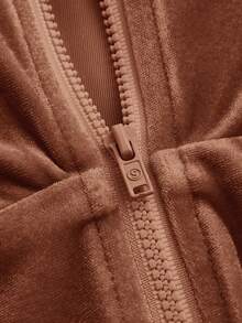 SHEIN ICON 女裝拉鍊連帽運動衫,鑲有鑽石裝飾與可調節束口 - 鏽棕色 - 查看 4