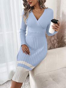 SHEIN Clasi Striped Print V-neck Wrap-front Bodycon Long Sleeve Dress - Baby Blue - View 5