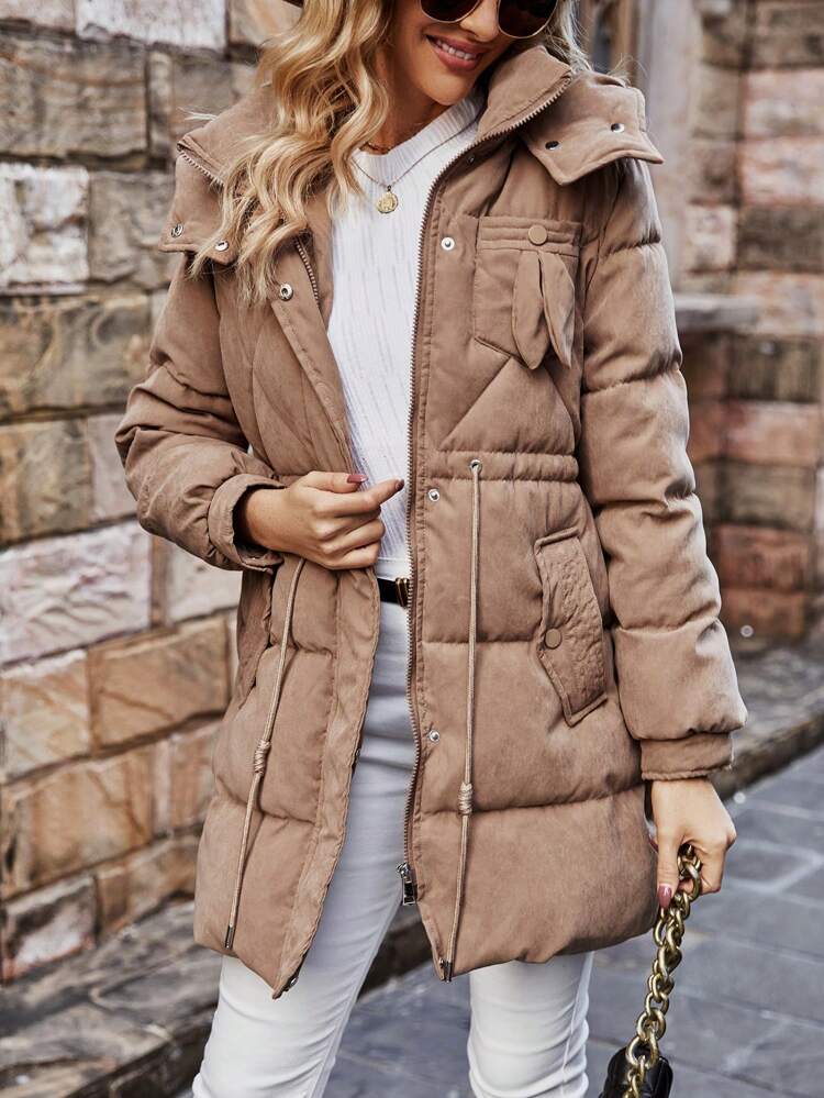 Cinched Waist Hooded Padded Padded Coat Clothes Winter