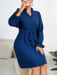 Celure Plus Size Notched Collar Ruffle Sleeve Belted Dress - Royal Blue - View 4