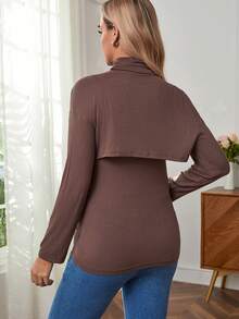 純色半高領可拆卸款休閒哺乳t恤 - 棕色 - 查看 2