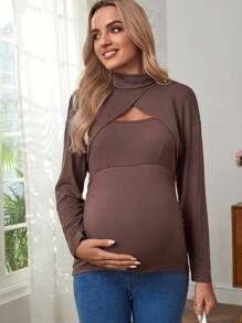純色半高領可拆卸款休閒哺乳t恤 - 棕色 - 查看 3