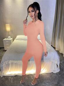 SHEIN SXY Women's Slim Fit Two Piece Set With Split Hem Design - Pink - View 1