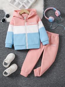 SHEIN 女孩彩虹字母印花連帽拉鍊運動衫和運動褲套裝 - 卡其色 - 查看 1