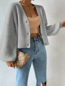 SHEIN EZwear 落肩袖燈籠袖條紋針織開襟衫 - 淺灰色 - 查看 5