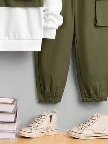 SHEIN Cậu bé Tween Lá thư In 2 trong1 Áo nỉ có mũ Và Quần Bộ - xanh quân đội - Xem 5