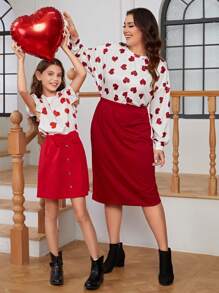 Bộ váy và áo sơ mi thường ngày có mũ dệt hình trái tim cho bé gái Tween, trang phục phù hợp cho mẹ và tôi (2 bộ được bán riêng) - Đỏ - Xem 1