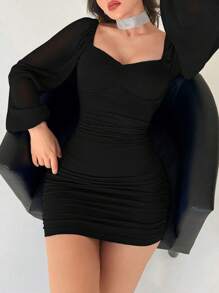 Aloruh 女士純色胸部褶皺燈籠袖修身裙 - 黑色 - 查看 4