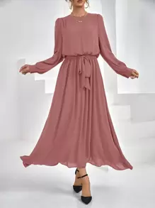 SHEIN Privé Solid Color Women's Belted Dress Modest Dress - Dusty Pink - View 4