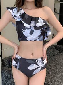 DAZY Conjunto de bikini de una sola hombro floral negro y blanco para verano y vacaciones en la playa, con volantes, traje de baño tipo tankini