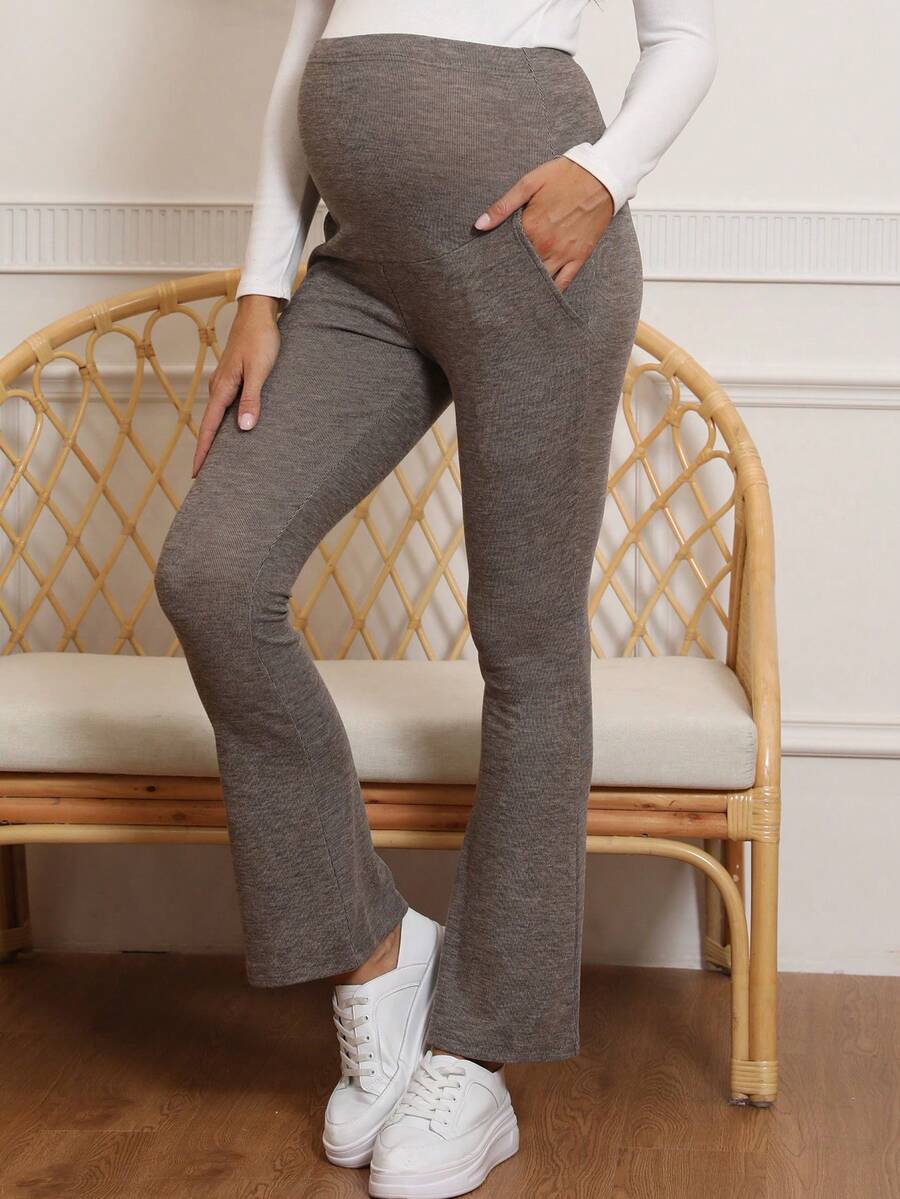 Maternity Solid Color Tight Fit Flare Leg Pants - Brown - View 1