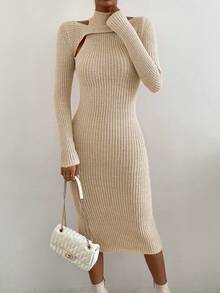 SHEIN Privé 女款立領鏤空針織毛衣洋裝 - 杏色 - 查看 4