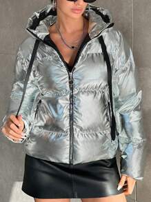 EURMUSE Shiny Coated Zipper Closure Short Hooded Padded Jacket - Silver - View 5