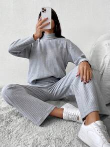 RueChic Mock Neck Drop Shoulder Tee & Pants - Grey - View 1