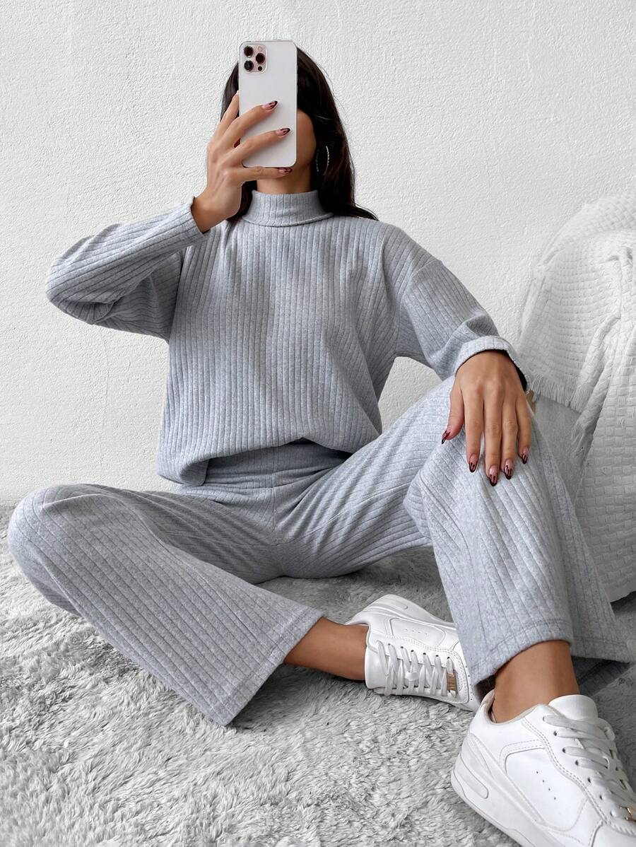 RueChic Mock Neck Drop Shoulder Tee & Pants - Grey - View 1