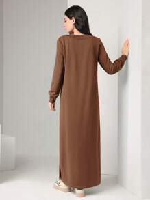 Mulvari 文字圖案v領長袖衛衣連身裙 - 咖啡棕 - 查看 6