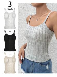 Chiquease Solid Color Ribbed Cami Top  (3pcs) - Multicolor - View 3
