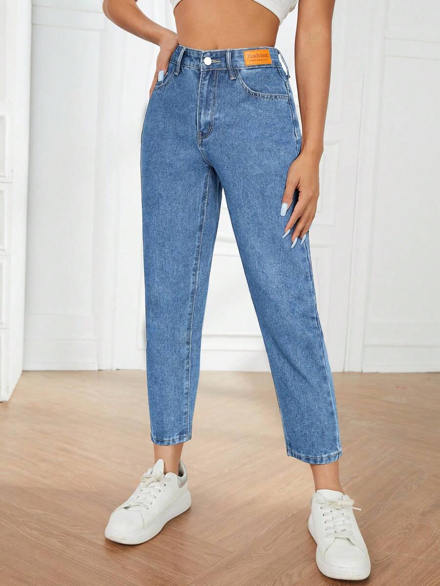 SHEIN PETITE Text Logo Tapered Jeans - Medium Wash - View 1