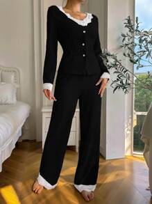 SHEIN Women's Lace Splicing V-Neck Sleepwear Set Pajama Set - Black - View 4