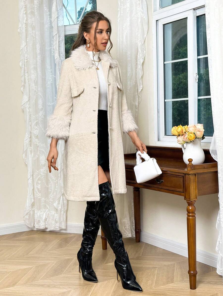 SHEIN Privé 女款毛領純色長外套 - 杏色 - 查看 1