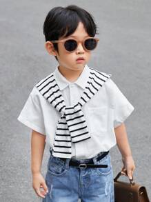 SHEIN 男童舒適短袖純色襯衫,條紋披肩,休閒風格 - 白色 - 查看 1