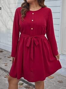 SHEIN LUNE Plus Size Women's Round Neck Long Sleeve Dress With Belt - Red - View 3