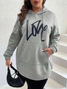 SHEIN LUNE 加大码字母印花口袋抽绳卫衣 - 灰色 - 查看 4