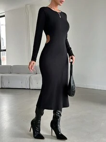 EURMUSE Robe À Manches Longues Et À Encolure Ronde Évidée - Noir - Voir 3