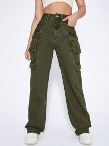 SHEIN ICON 女士粉色貨物口袋牛仔褲 - 軍綠色 - 查看 3