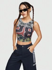ROMWE Street Life Women's Street Style Skull, Wing, Slogan And Number Print Tank Top For Summer - Grey - View 4