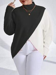 SHEIN Unity 大码女式不对称下摆撞色针织套头衫秋冬毛衣 - 黑與白 - 查看 3