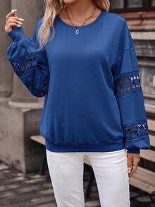 SHEIN Clasi Lace Patchwork Round Neck Sweatshirt - Royal Blue - View 5